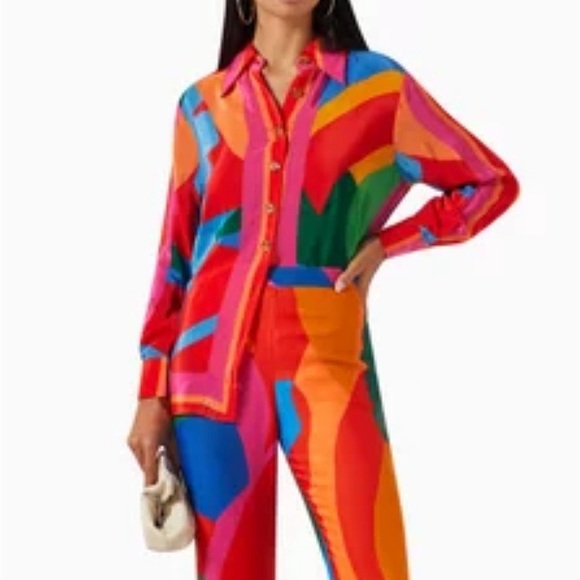 FARM RIO Colorful Leaves Long Sleeve Shirt new with tag Sizes S-M Retail $255 - Picture 2 of 4